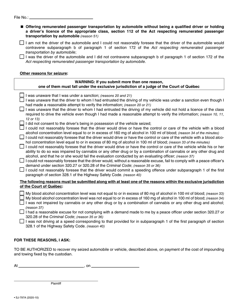 Form SJ-797A Application for Release From Seizure - Quebec, Canada, Page 4