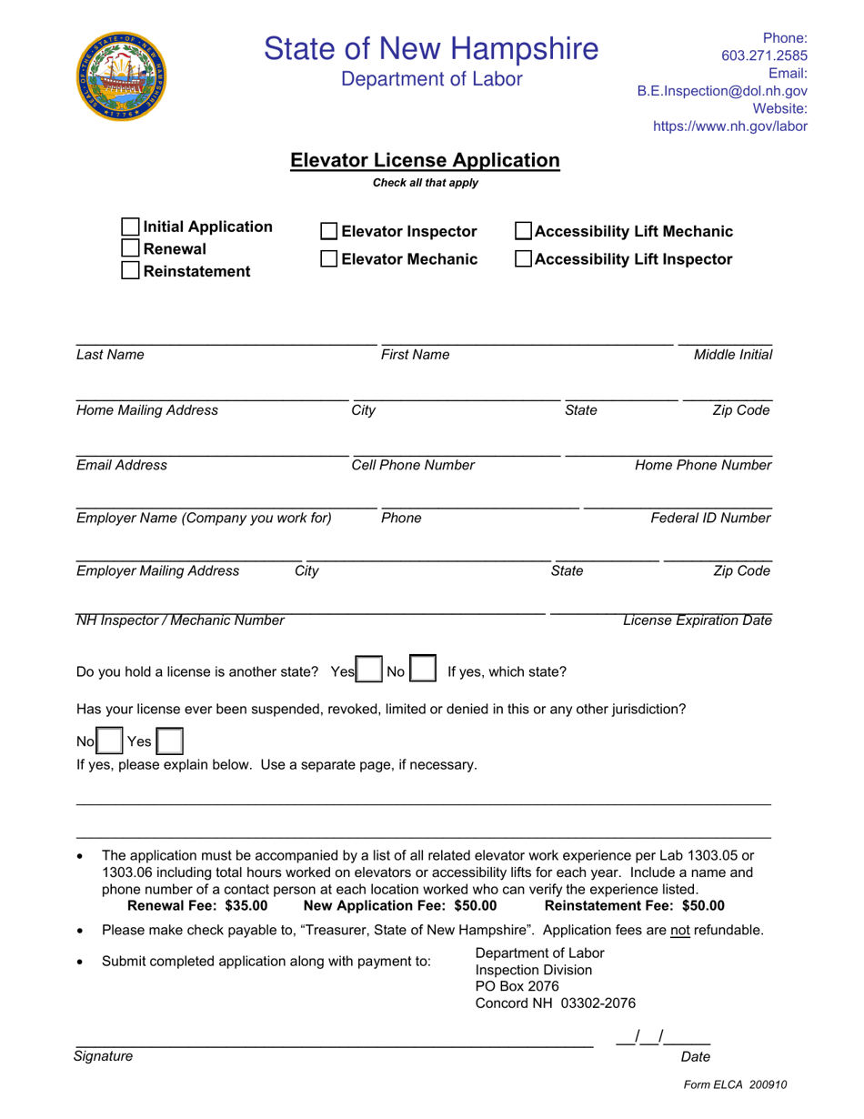 Form ELCA Elevator License Application - New Hampshire, Page 1