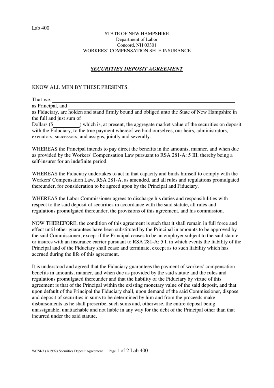 Form LAB400 (WCSI-3) Securities Deposit Agreement - New Hampshire, Page 1