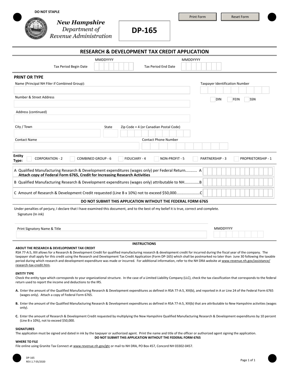 Form DP-165 Research  Development Tax Credit Application - New Hampshire, Page 1