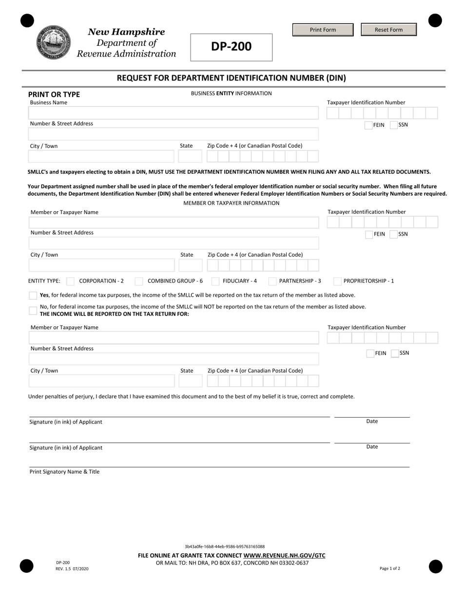 Form DP-200 Request for Department Identification Number (Din) - New Hampshire, Page 1