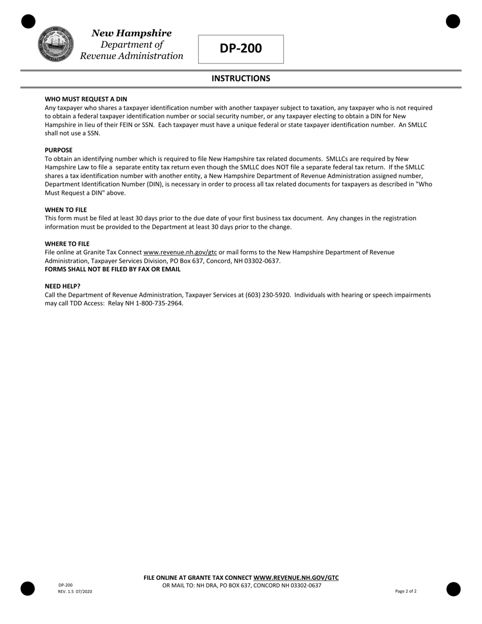 Form DP-200 Request for Department Identification Number (Din) - New Hampshire, Page 2