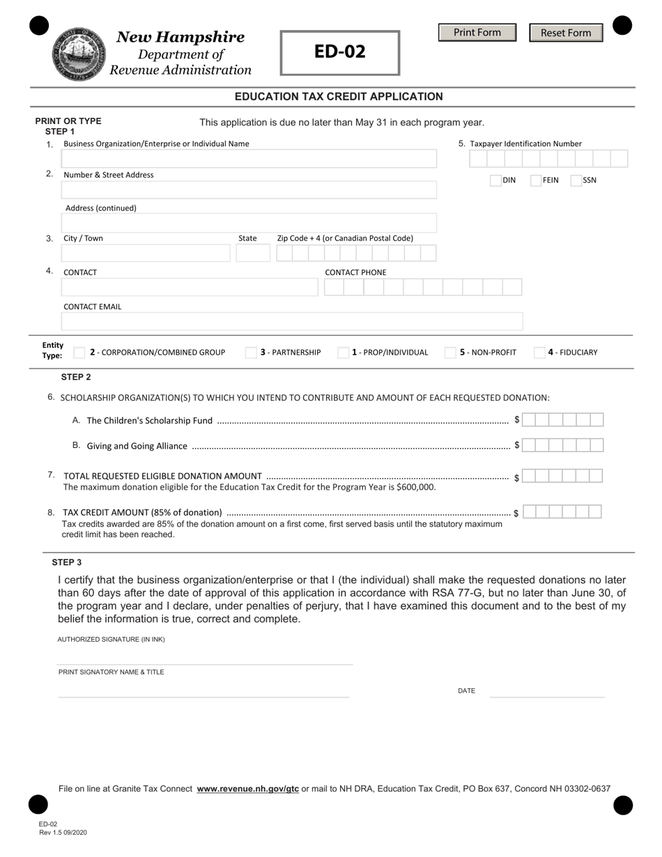Form ED-02 Education Tax Credit Application - New Hampshire, Page 1