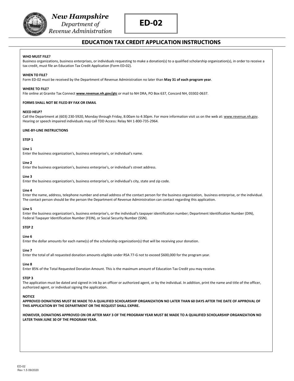 Form ED-02 Education Tax Credit Application - New Hampshire, Page 2