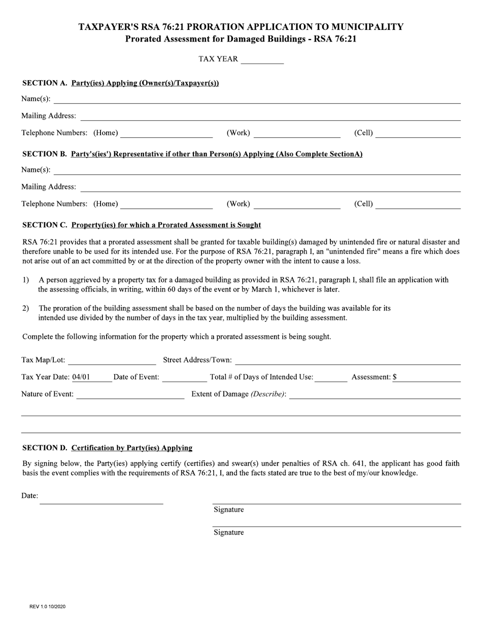 Proration Application to Municipality - Prorated Assessment for Damaged Buildings - New Hampshire, Page 1