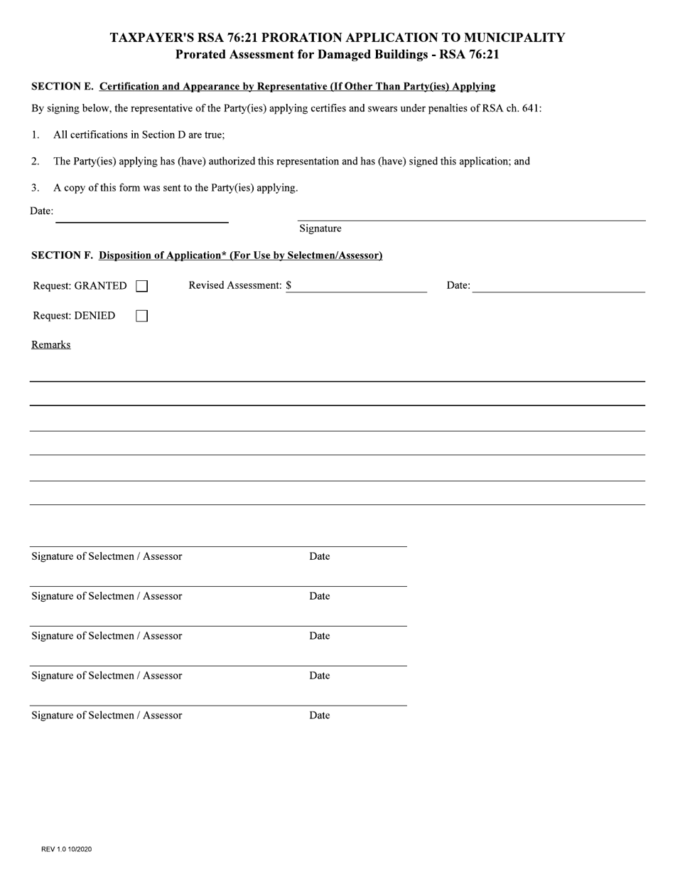 Proration Application to Municipality - Prorated Assessment for Damaged Buildings - New Hampshire, Page 2
