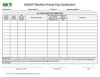 OFC Form 18 &quot;Nhdot Monthly Prompt Pay Certification&quot; - New Hampshire