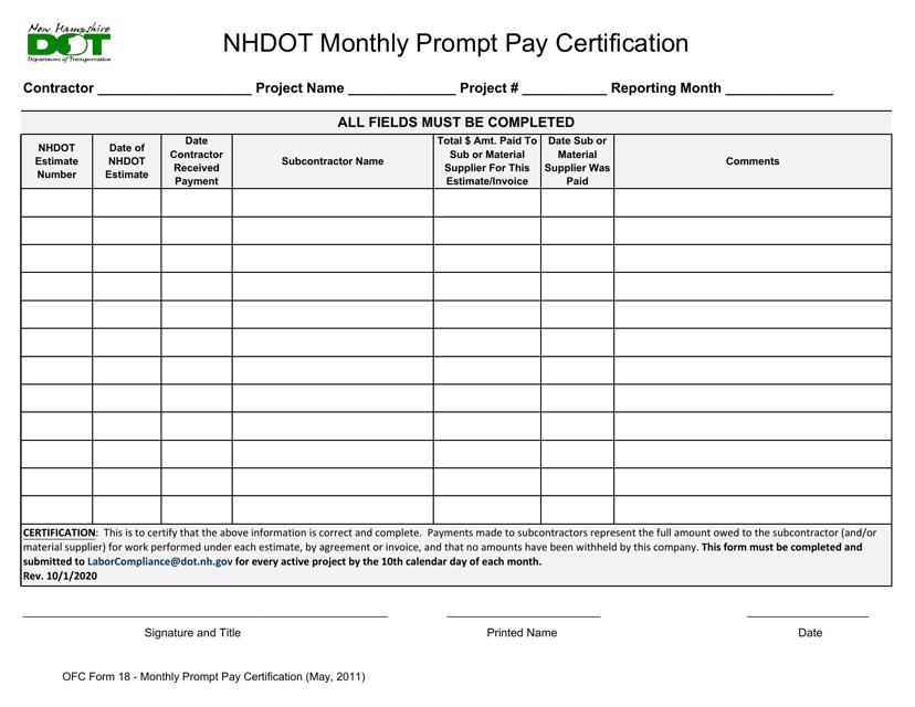 OFC Form 18 Nhdot Monthly Prompt Pay Certification - New Hampshire