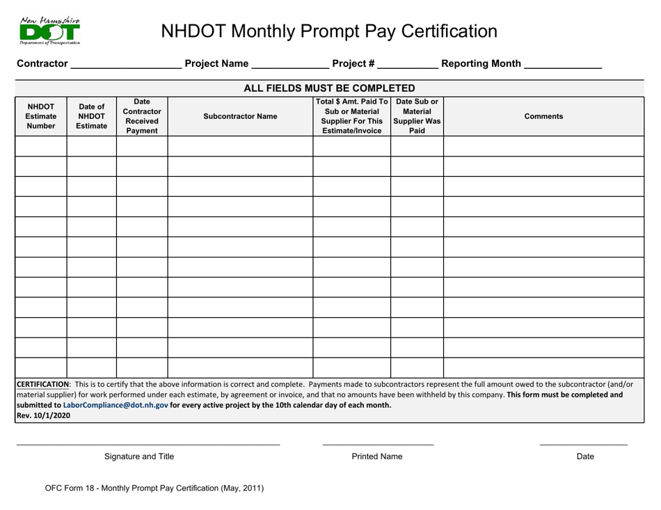 OFC Form 18 Nhdot Monthly Prompt Pay Certification - New Hampshire, Page 1