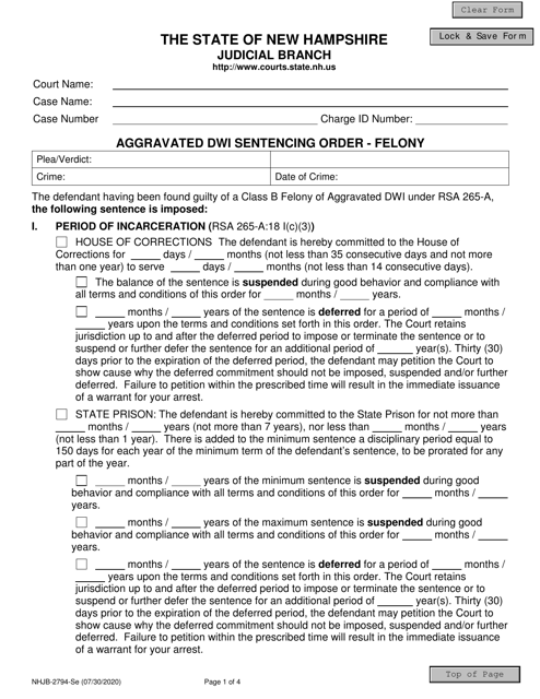 Form NHJB-2794-SE Aggravated Dwi Sentencing Order - Felony - New Hampshire