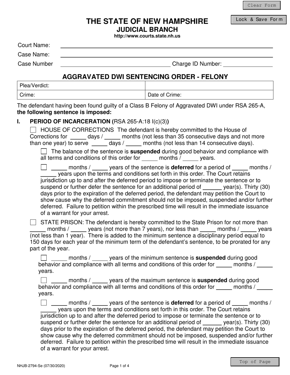 Form NHJB-2794-SE Aggravated Dwi Sentencing Order - Felony - New Hampshire, Page 1