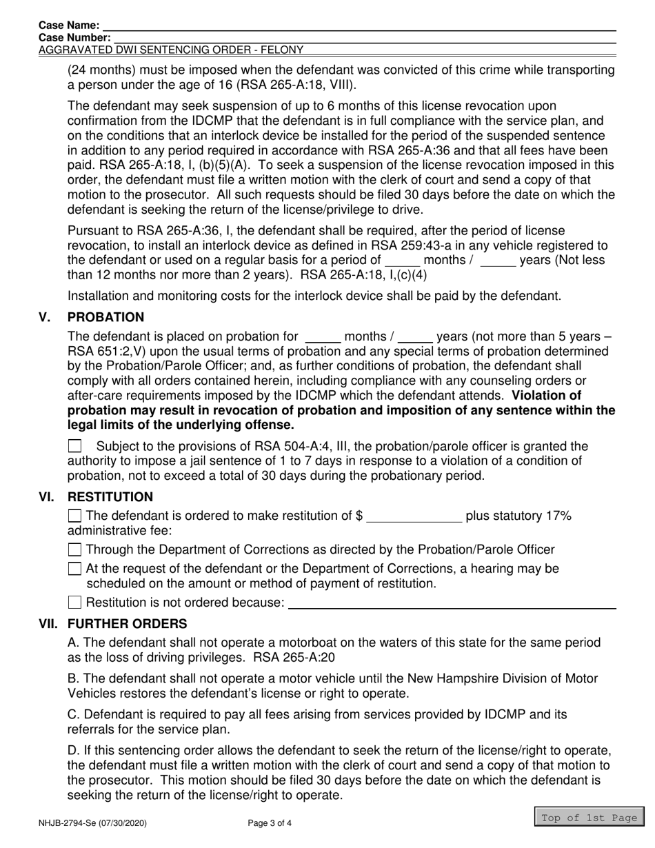 Form NHJB-2794-SE Aggravated Dwi Sentencing Order - Felony - New Hampshire, Page 3