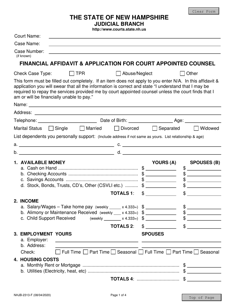 Form NHJB-2313-F Financial Affidavit  Application for Court Appointed Counsel - New Hampshire, Page 1