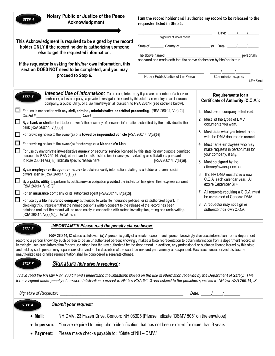 Form DSMV505 Release of Motor Vehicle Records - New Hampshire, Page 2