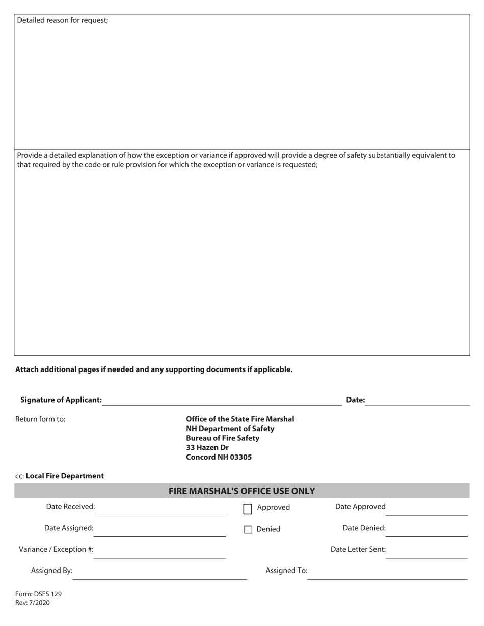 Form DSFS129 Request for Variances or Exceptions Pursuant to Nh Code of Administrative Rules Saf-C 6005.04 - New Hampshire, Page 2
