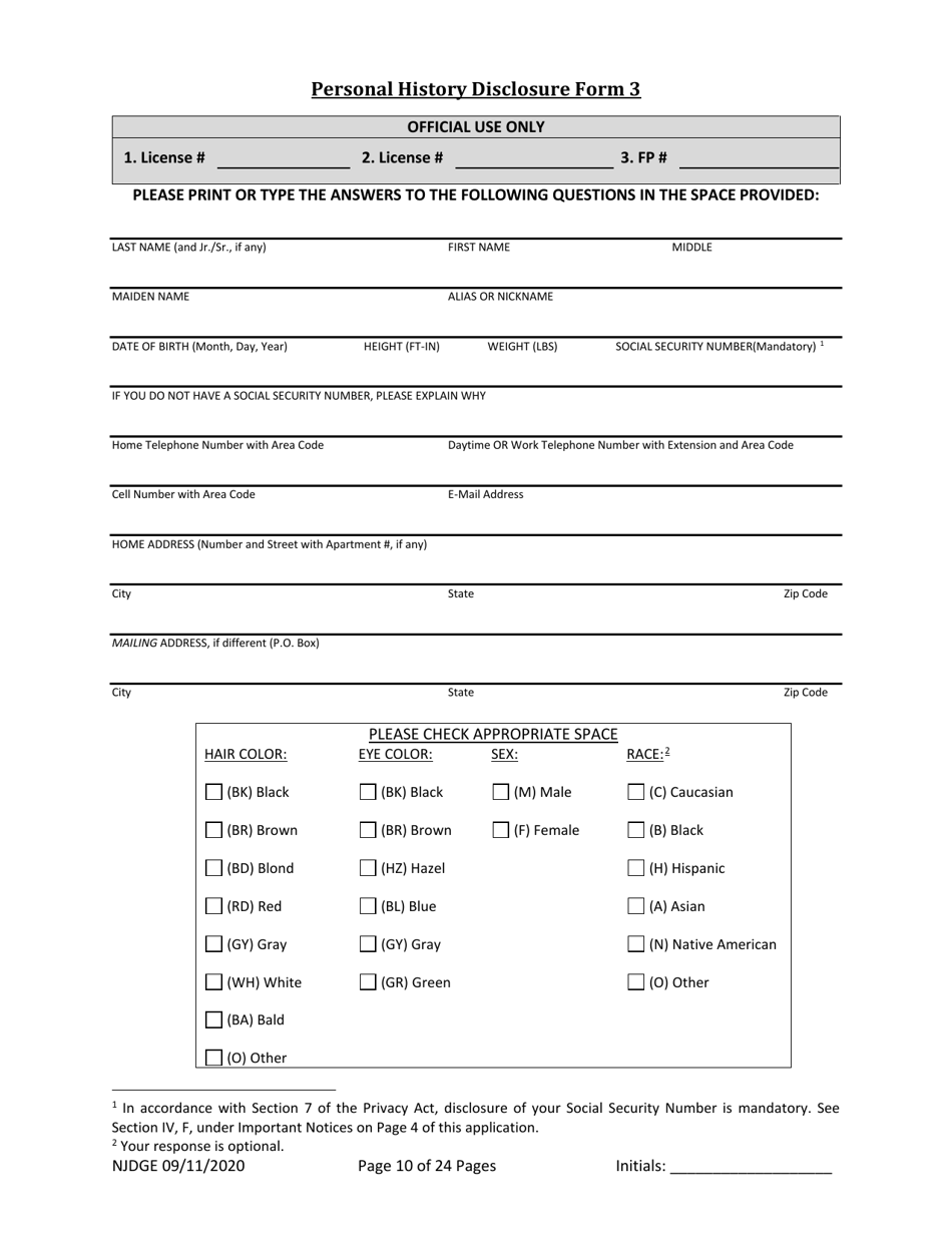 Form 1 (Personal History Disclosure Form 3) Casino Employee Registration - New Jersey, Page 11
