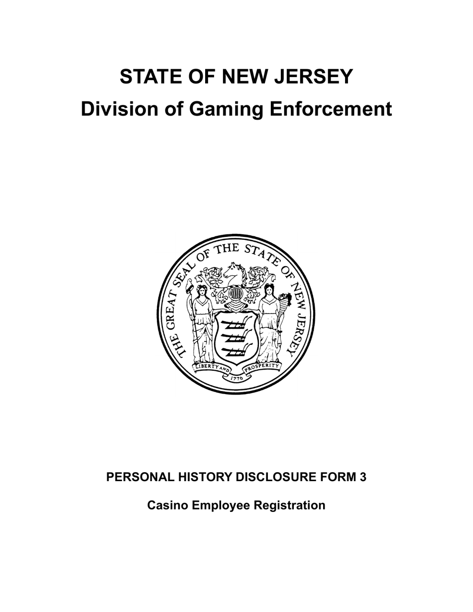 Form 1 (Personal History Disclosure Form 3) Casino Employee Registration - New Jersey, Page 1