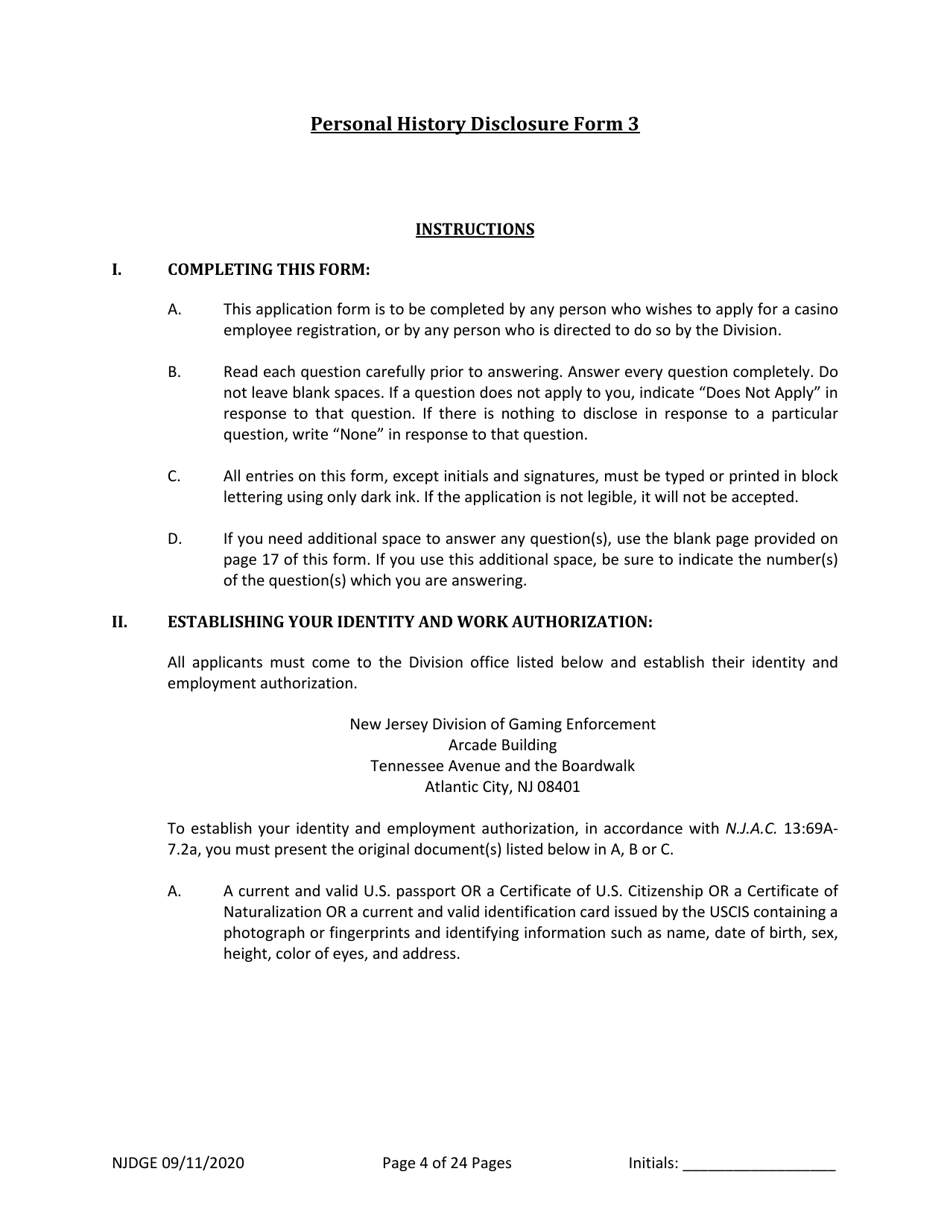 Form 1 (Personal History Disclosure Form 3) Casino Employee Registration - New Jersey, Page 5