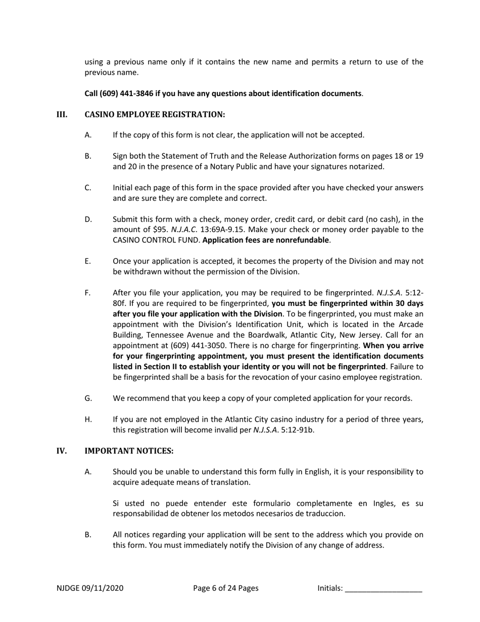 Form 1 (Personal History Disclosure Form 3) Casino Employee Registration - New Jersey, Page 7
