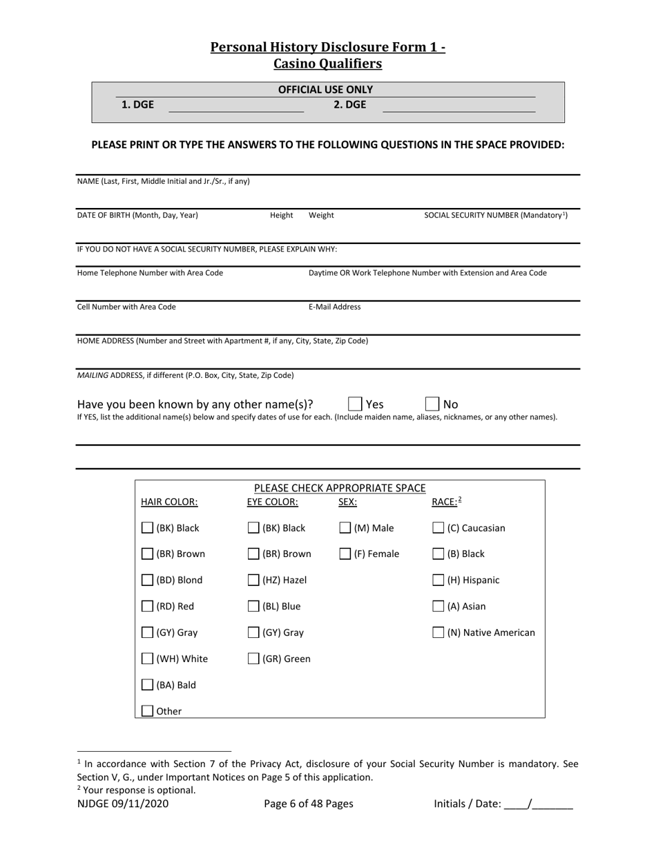 Form 25 (Personal History Disclosure Form 1) Casino Qualifiers - New Jersey, Page 7