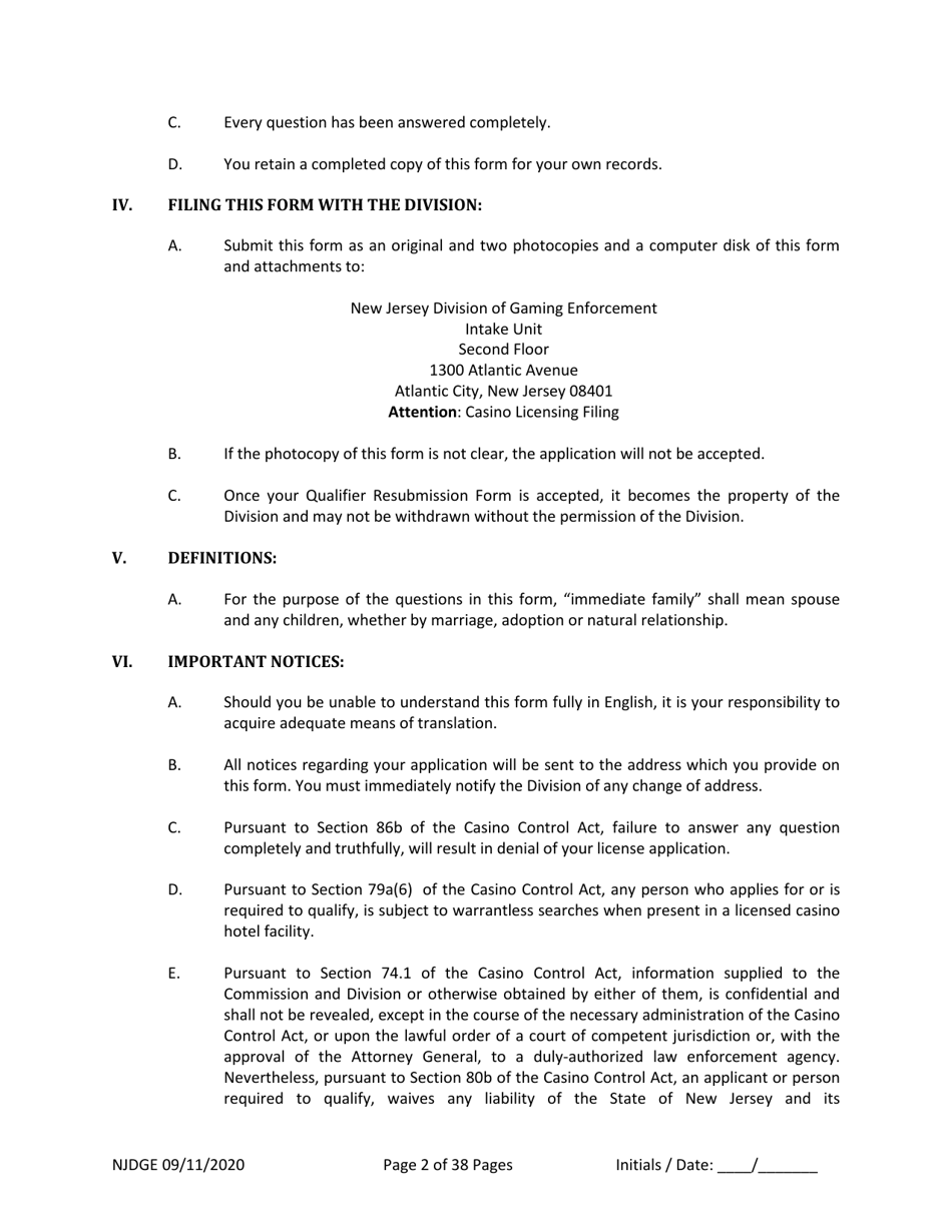 Form 22 Personal History Disclosure Resubmission Form - Casino Qualifiers - New Jersey, Page 3