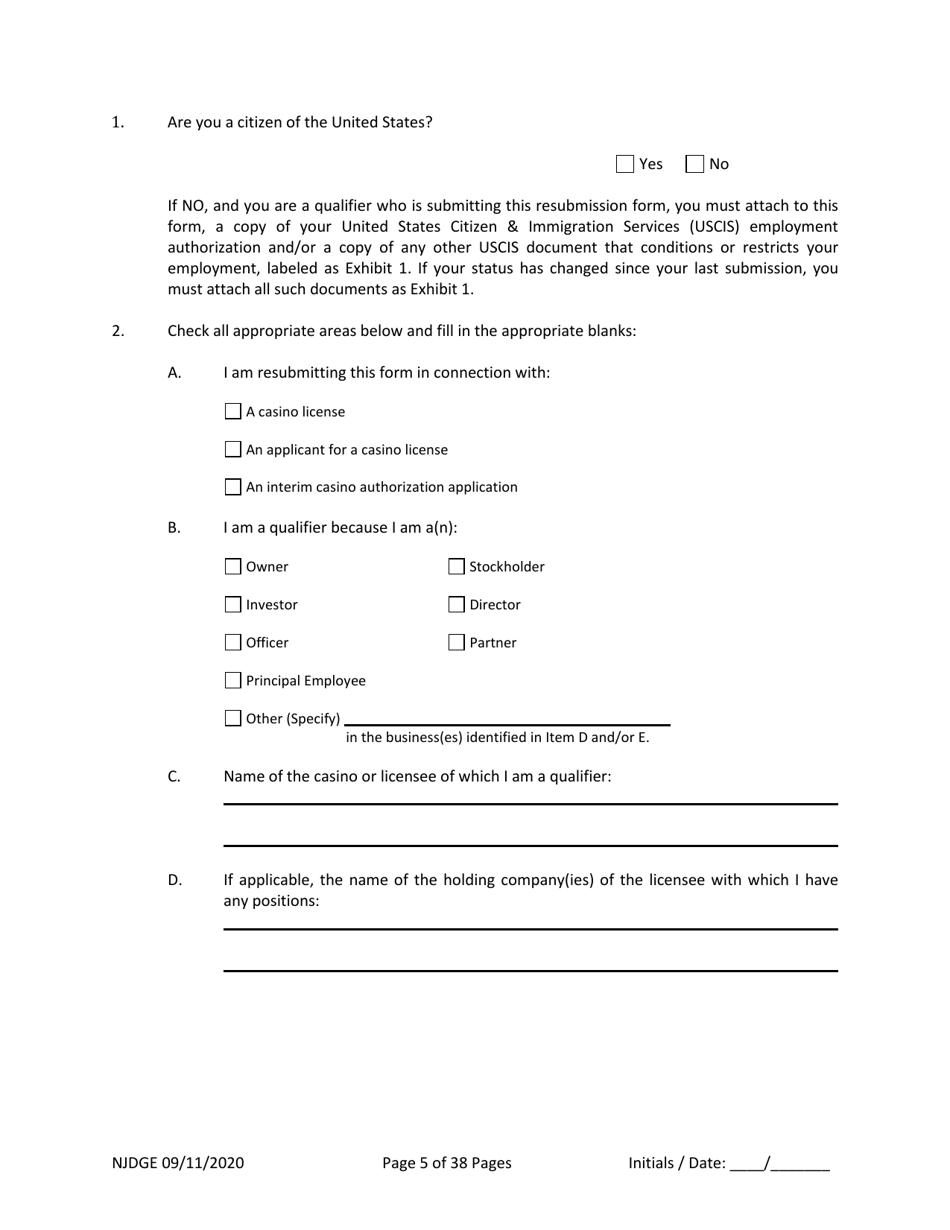 Form 22 Personal History Disclosure Resubmission Form - Casino Qualifiers - New Jersey, Page 6