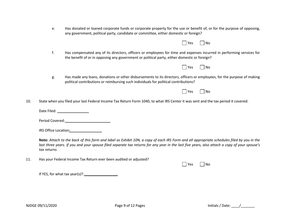 Form 33 New Jersey Supplemental Form to the Multi-Jurisdictional Personal History Disclosure Form - Casino Service Industry Enterprise Qualifiers - New Jersey, Page 10