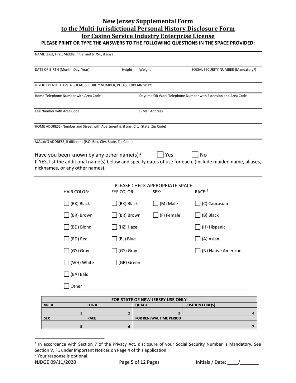 Form 33 New Jersey Supplemental Form to the Multi-Jurisdictional Personal History Disclosure Form - Casino Service Industry Enterprise Qualifiers - New Jersey, Page 6