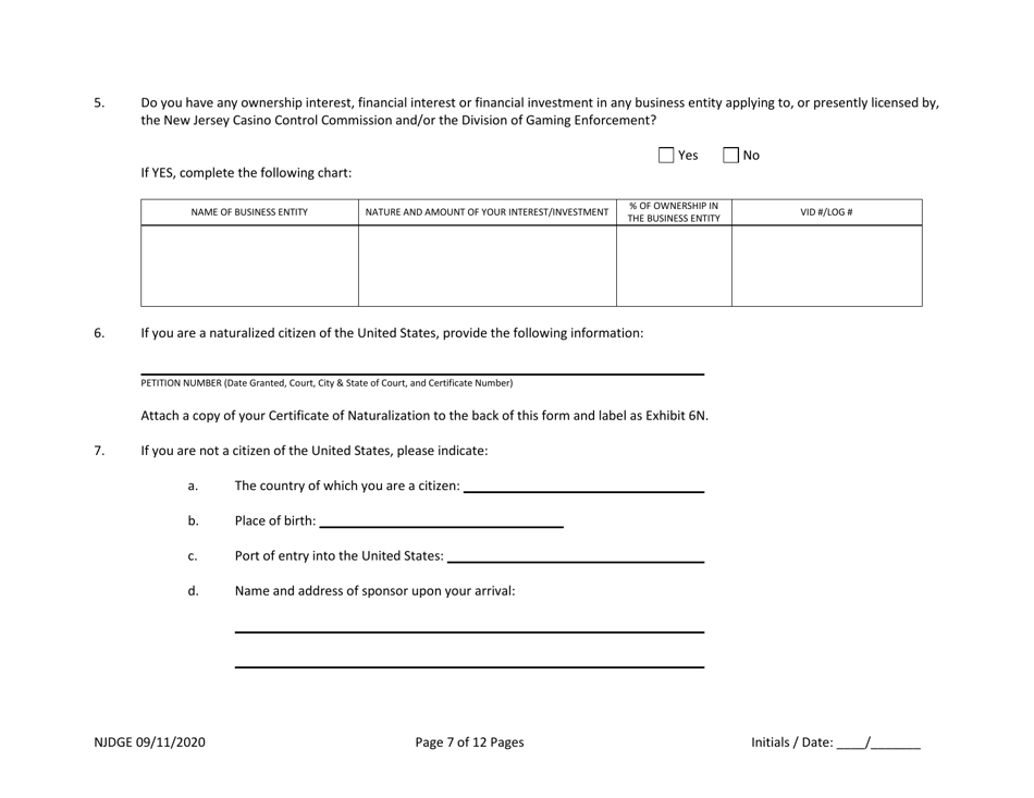 Form 33 New Jersey Supplemental Form to the Multi-Jurisdictional Personal History Disclosure Form - Casino Service Industry Enterprise Qualifiers - New Jersey, Page 8