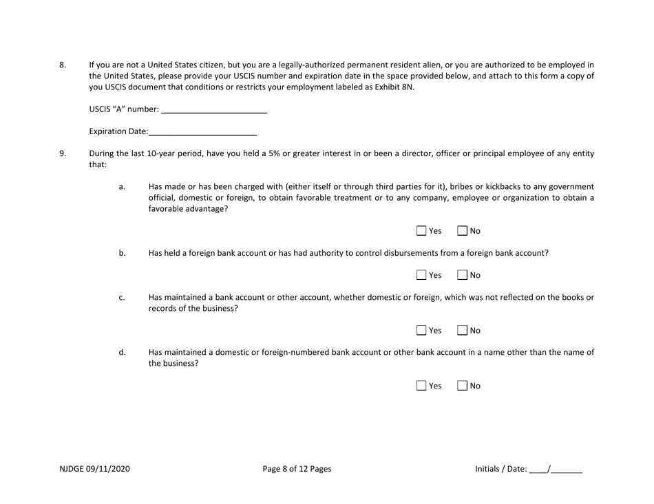 Form 33 New Jersey Supplemental Form to the Multi-Jurisdictional Personal History Disclosure Form - Casino Service Industry Enterprise Qualifiers - New Jersey, Page 9