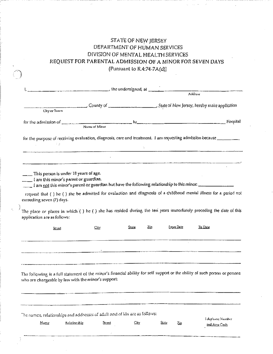 Request for Parental Admission of a Minor for Seven Days - New Jersey, Page 1