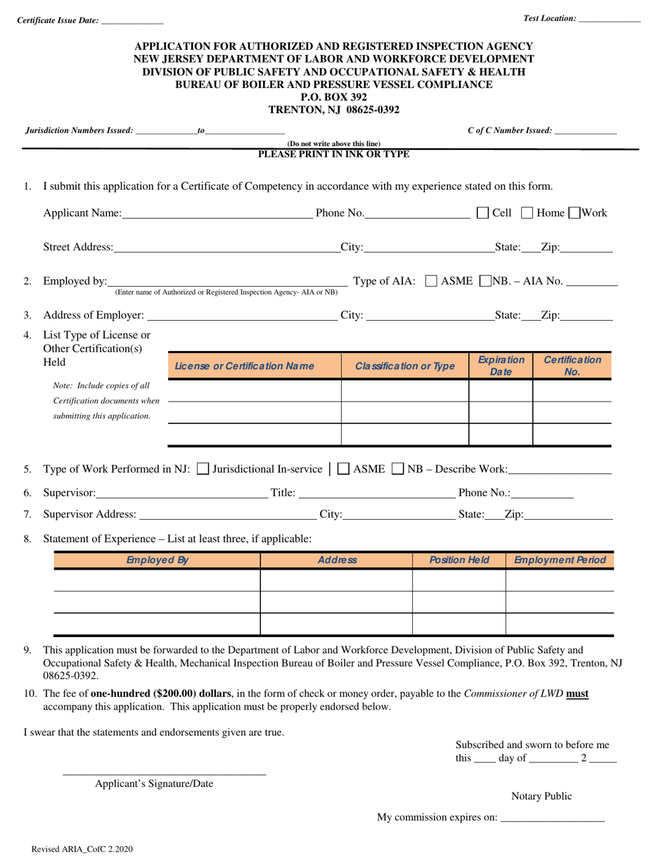 Application for Authorized and Registered Inspection Agency - New Jersey, Page 1