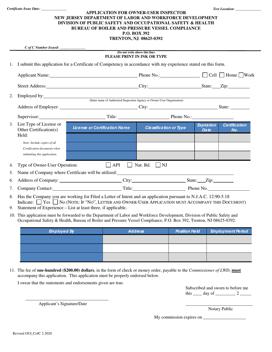 Application for Owner-User Inspector - New Jersey, Page 1