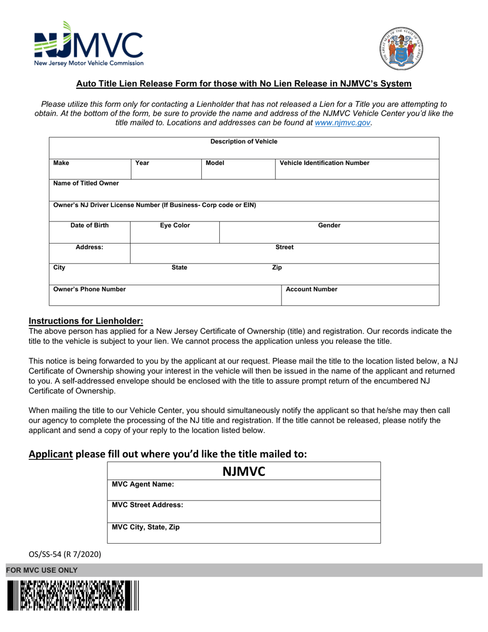 Form OS / SS-54 Auto Title Lien Release Form for Those With No Lien Release in Njmvcs System - New Jersey, Page 1