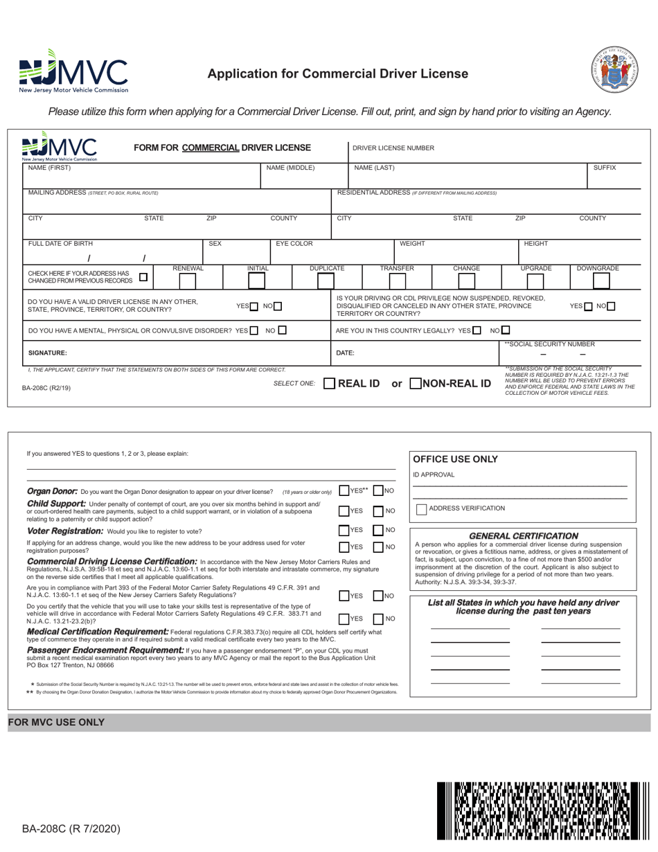 Form BA-208C Application for Commercial Driver License - New Jersey, Page 1