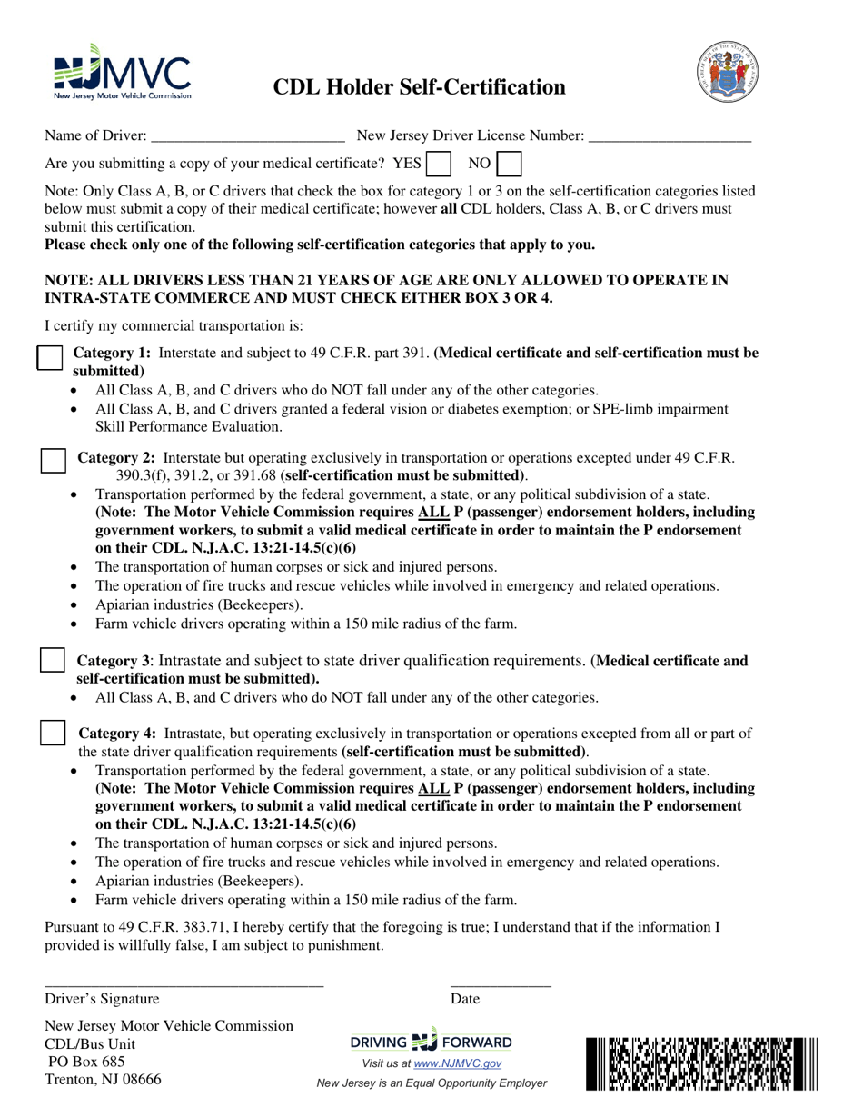 Form CDSC-1 Cdl Holder Self-certification - New Jersey, Page 1