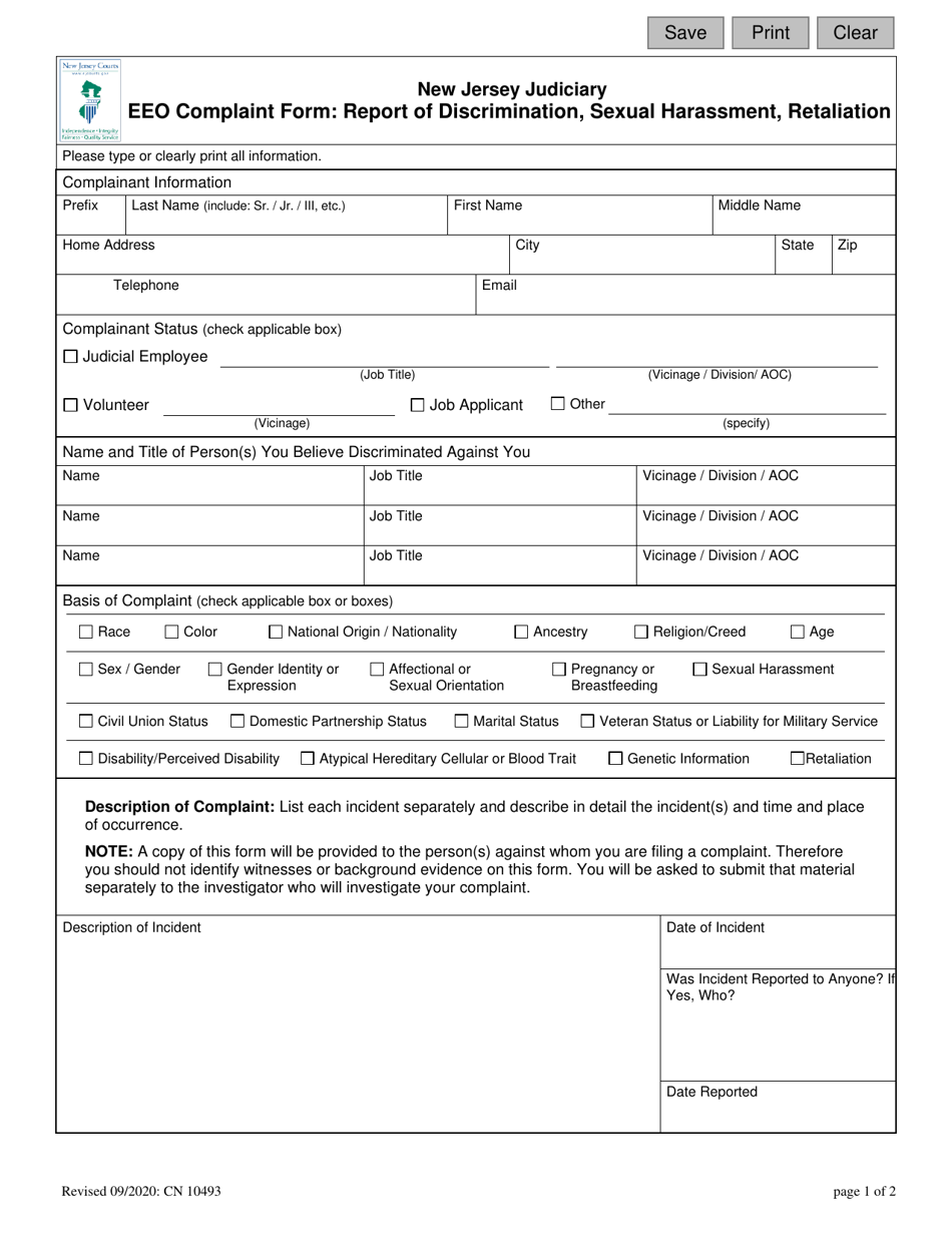 Form 10493 EEO Complaint Form: Report of Discrimination, Sexual Harassment, Retaliation - New Jersey, Page 1