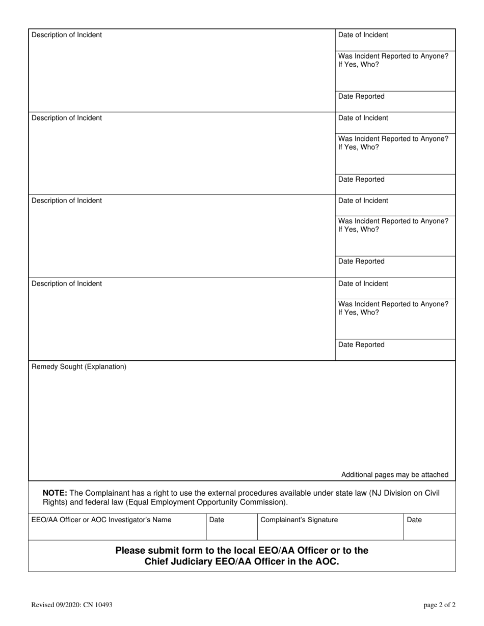 Form 10493 EEO Complaint Form: Report of Discrimination, Sexual Harassment, Retaliation - New Jersey, Page 2