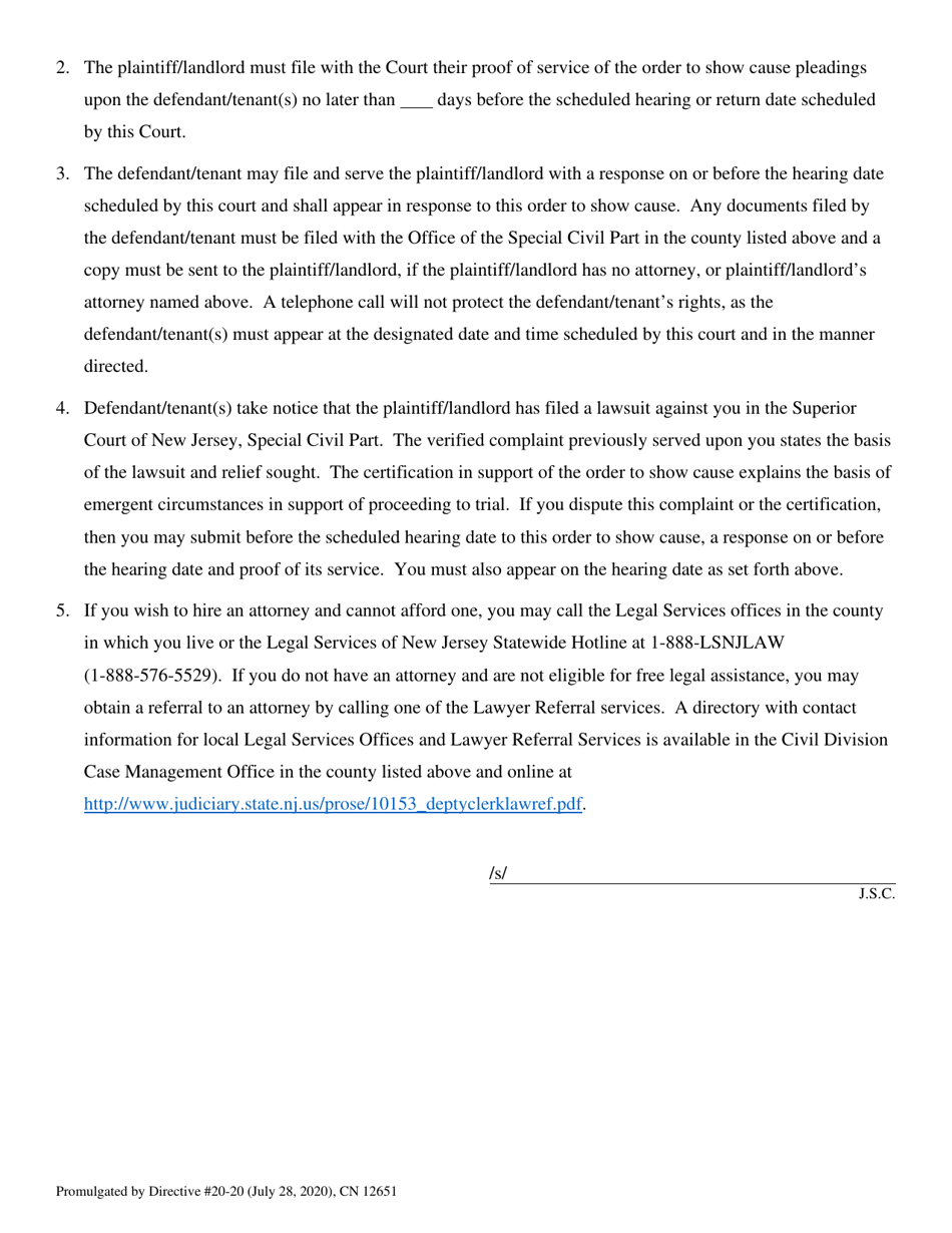 Form 12651 Order to Show Cause to Schedule a Trial - Landlord / Tenant - New Jersey, Page 2