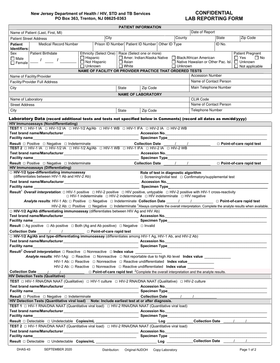 Form DHAS-43 Confidential Laboratory Report - New Jersey, Page 1