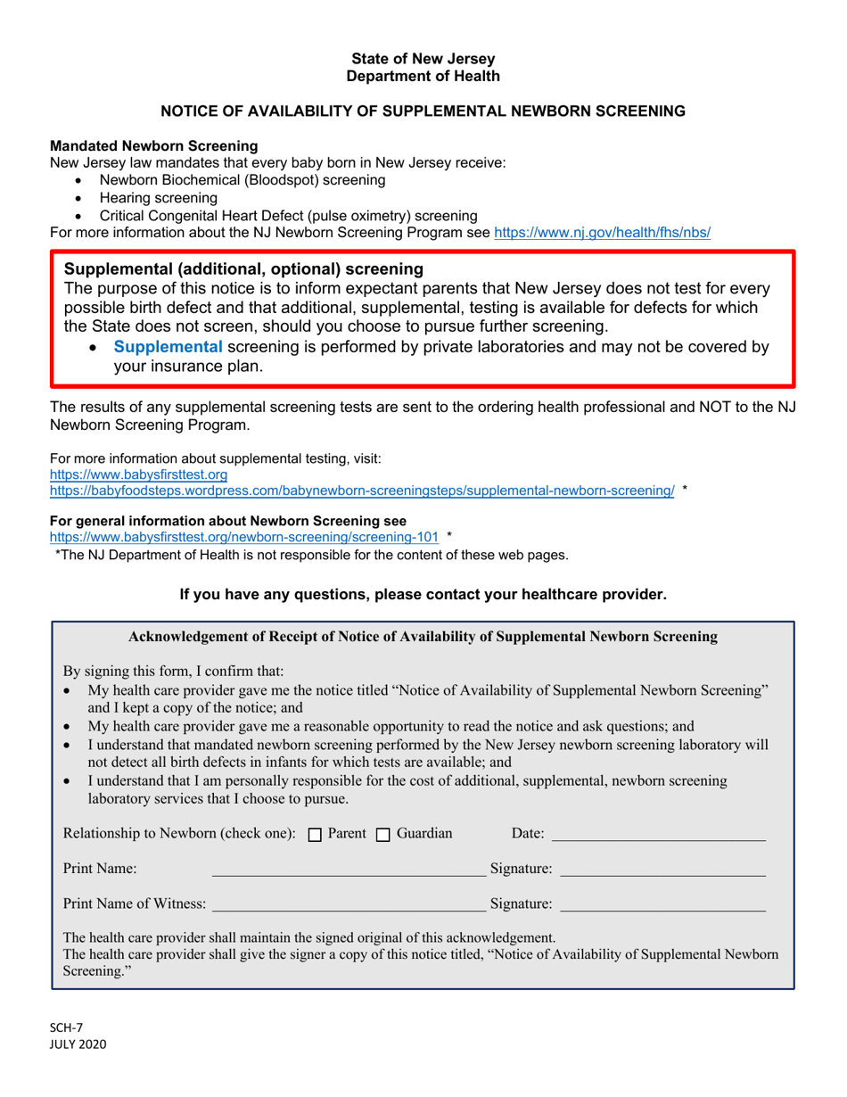 Form SCH-7 Notice of Availability of Supplemental Newborn Screening - New Jersey, Page 1