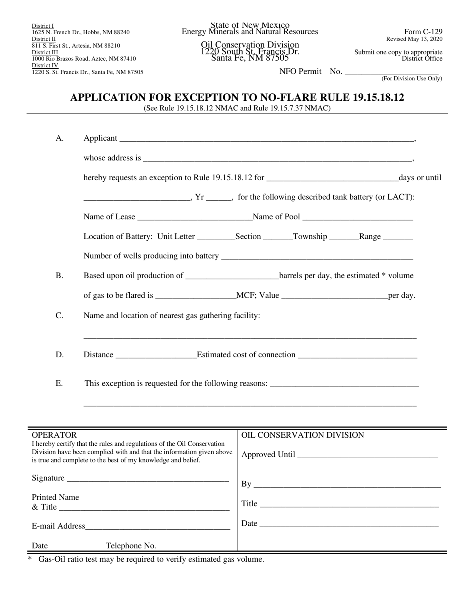 Form C-129 Application for Exception to No-Flare Rule 19.15.18.12 - New Mexico, Page 1