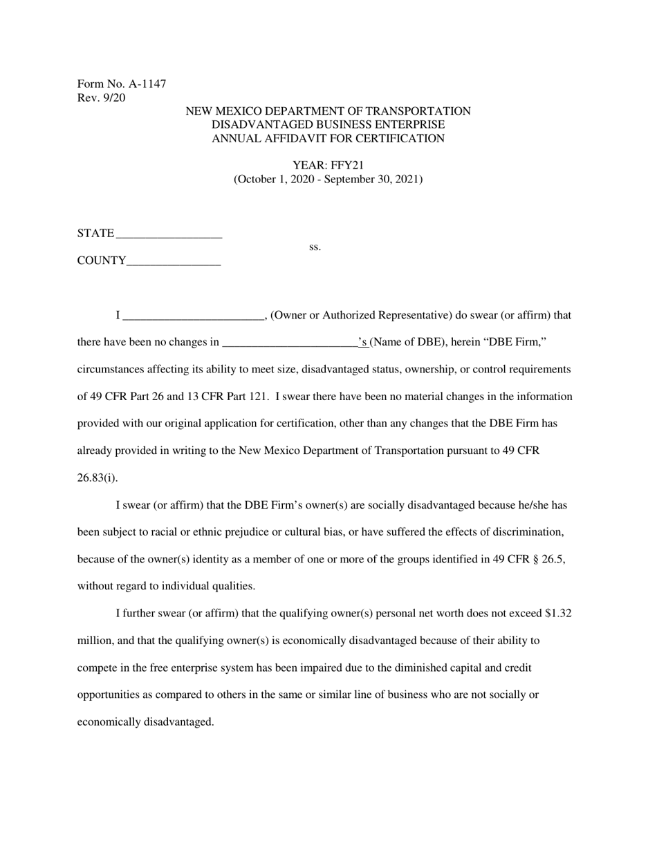 Form A-1147 Dbe Annual Affidavit for Certification - New Mexico, Page 1