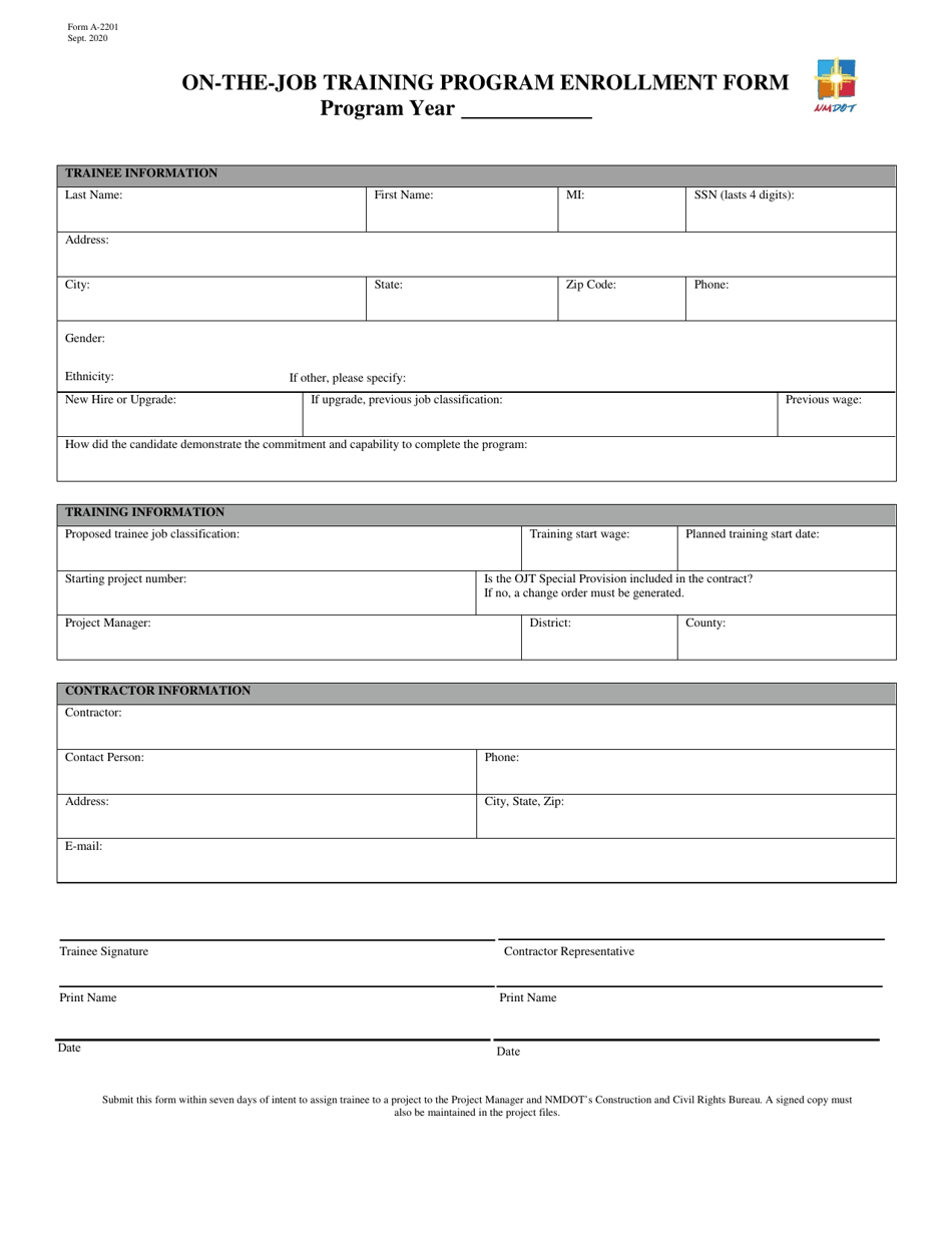 Form A-2201 On-The-Job Training Program Enrollment Form - New Mexico, Page 1
