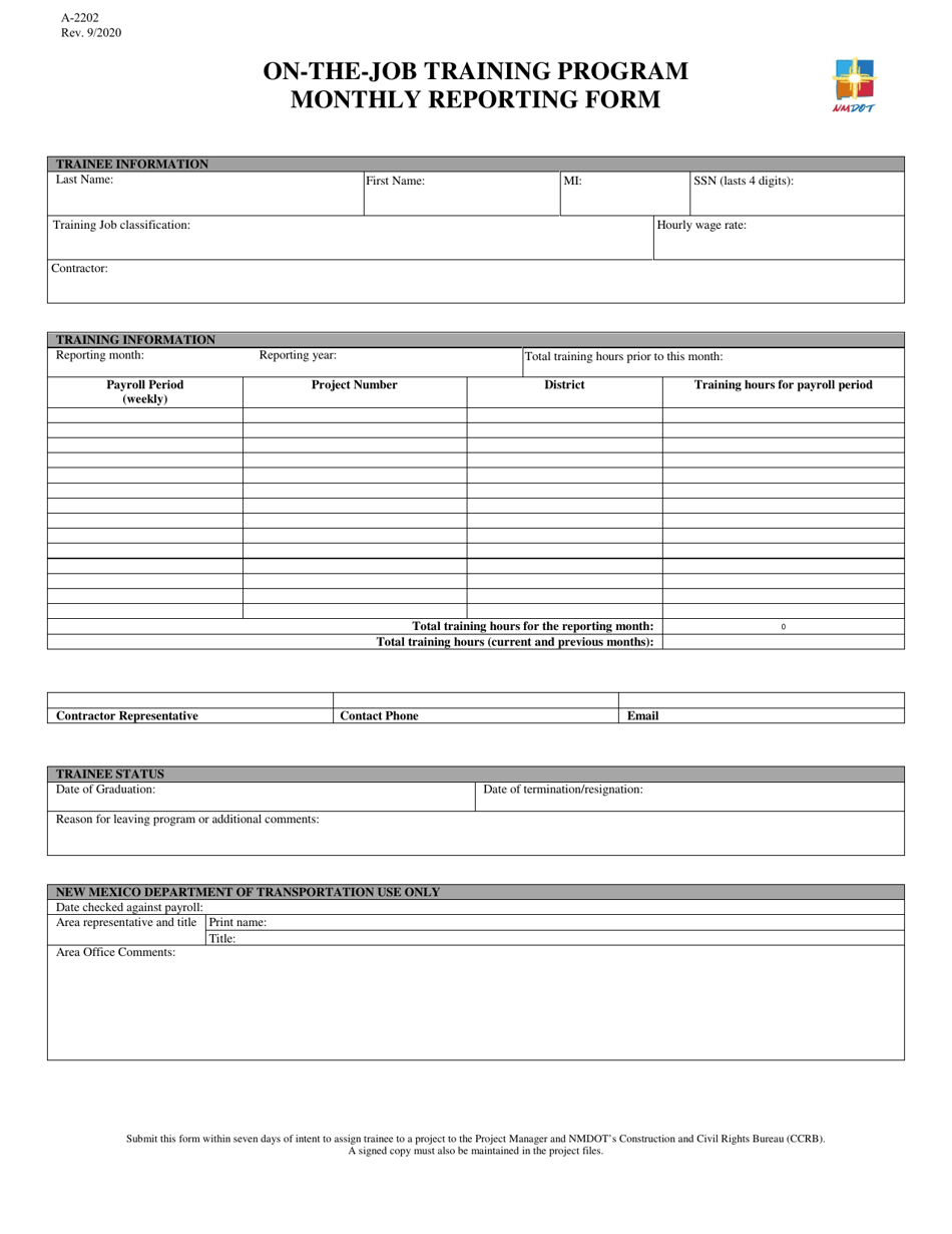 Form A-2202 On-The-Job Training Program Monthly Reporting Form - New Mexico, Page 1