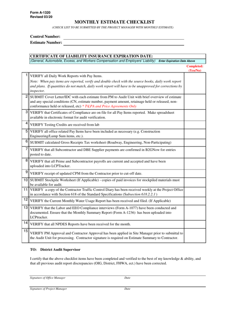 Form A-1320 Monthly Estimate Checklist - New Mexico