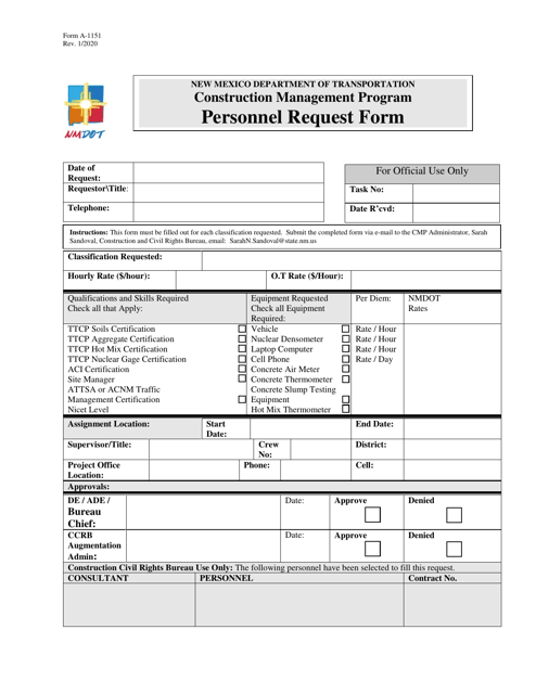Form A-1151 Personnel Request Form - New Mexico