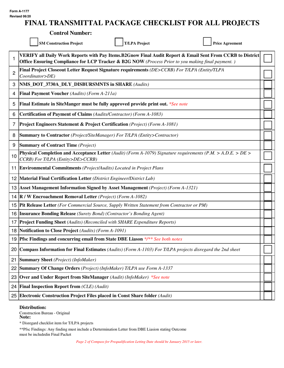 Form A-1177 Final Transmittal Package Checklist for All Projects - New Mexico, Page 1