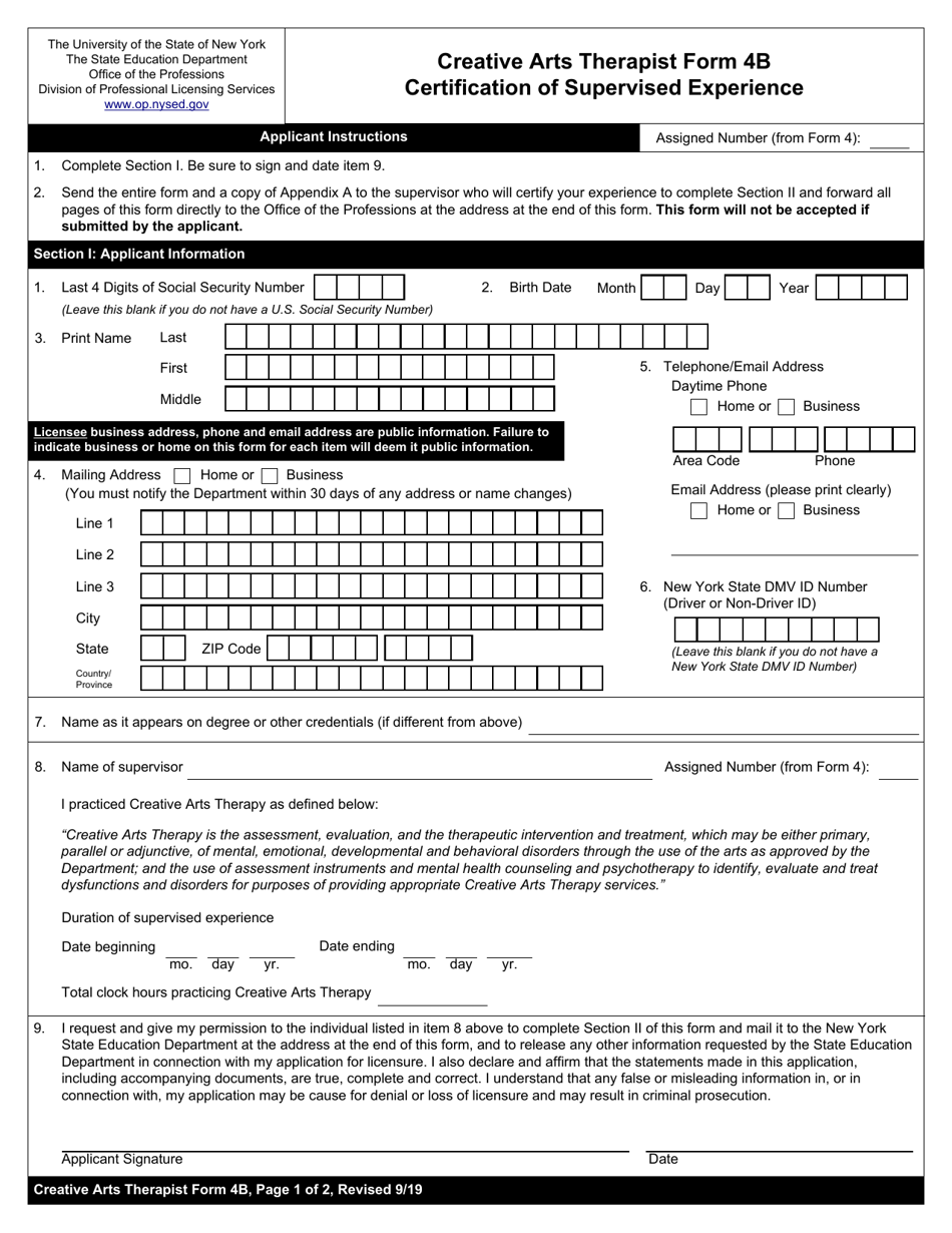 Creative Arts Therapist Form 4B Certification of Supervised Experience - New York, Page 1