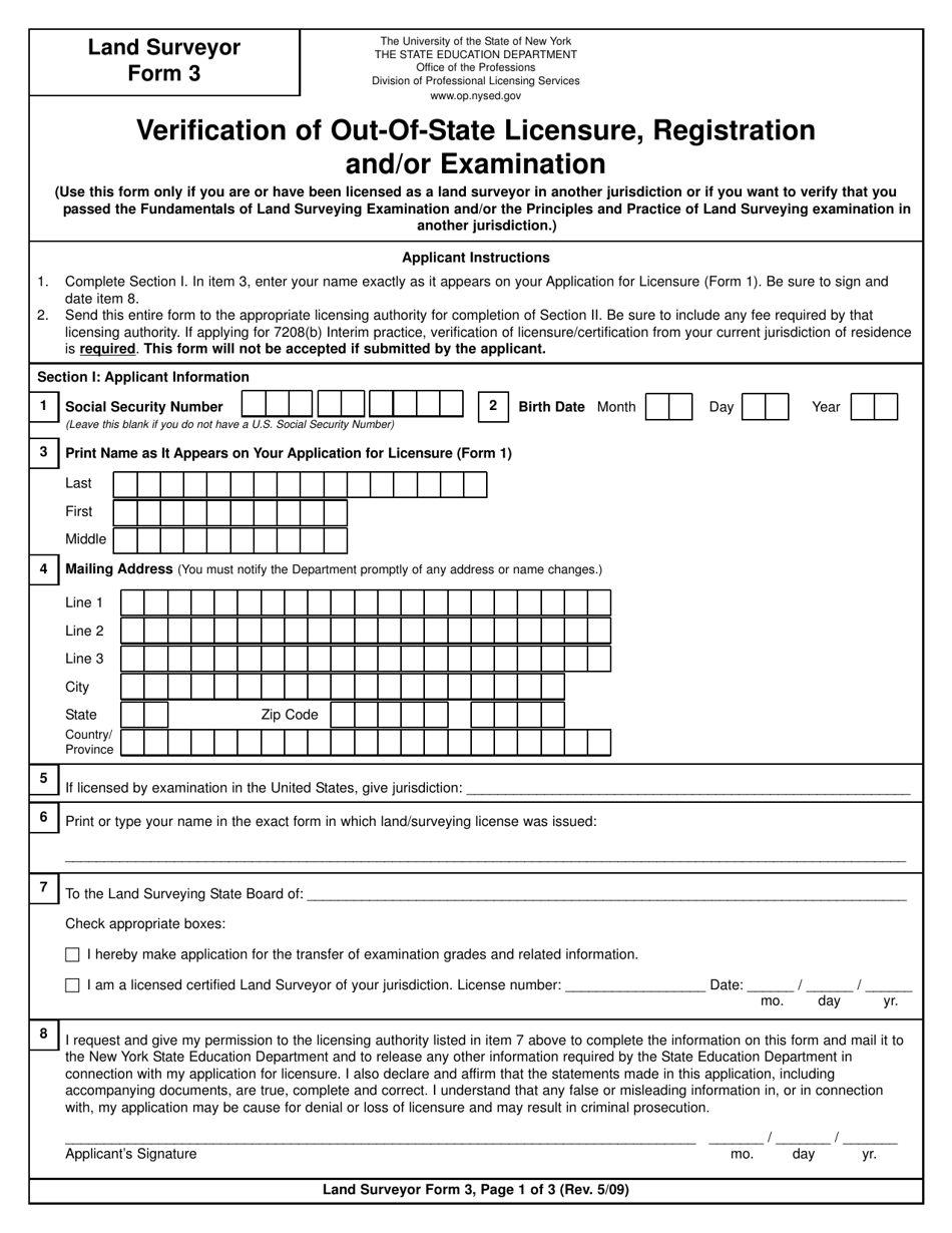 Land Surveyor Form 3 Verification of Out-of-State Licensure, Registration and / or Examination - New York, Page 1